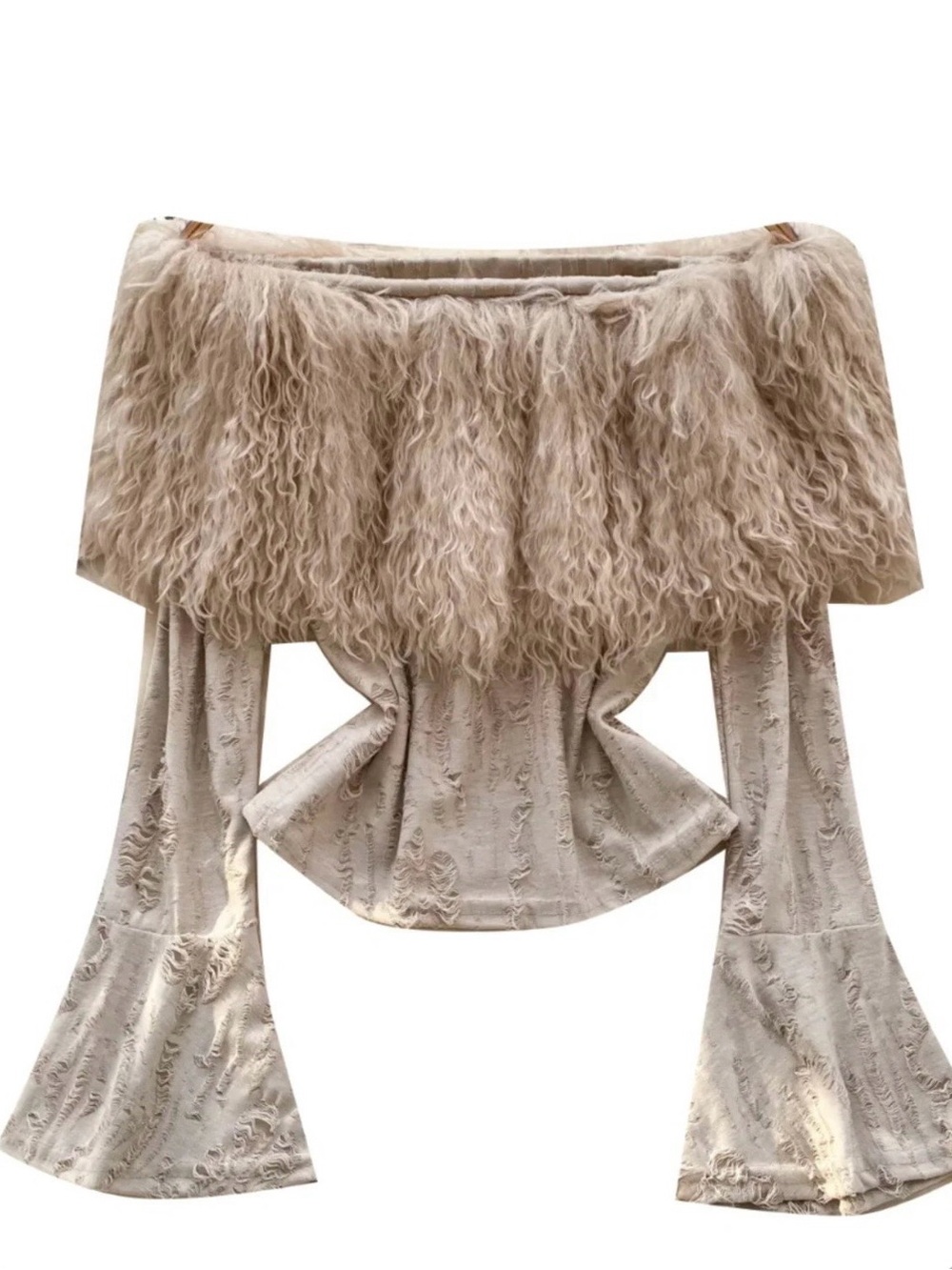 Beige Off-Shoulder Sheerling Fur Trim Women's Top